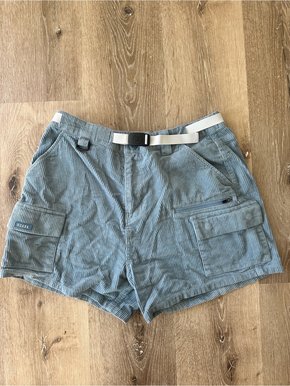 Roark Women's Powder Blue Corduroy Cargo Shorts with White Webbing Belt